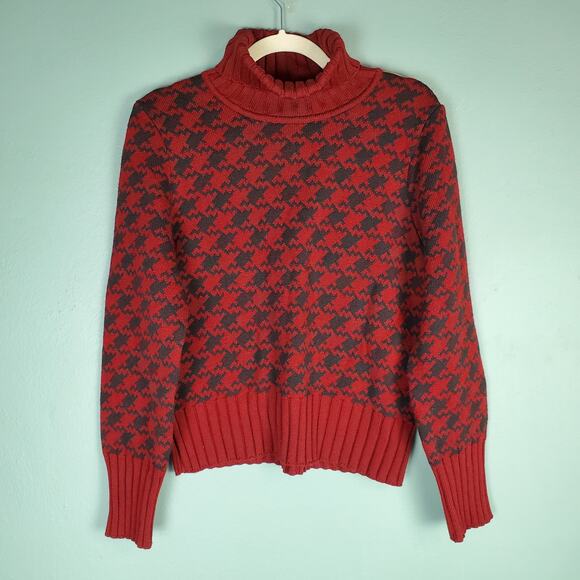 Talbots Collection Red Black Herringbone Turtleneck Merino Wool Sweater Size L - Picture 1 of 6